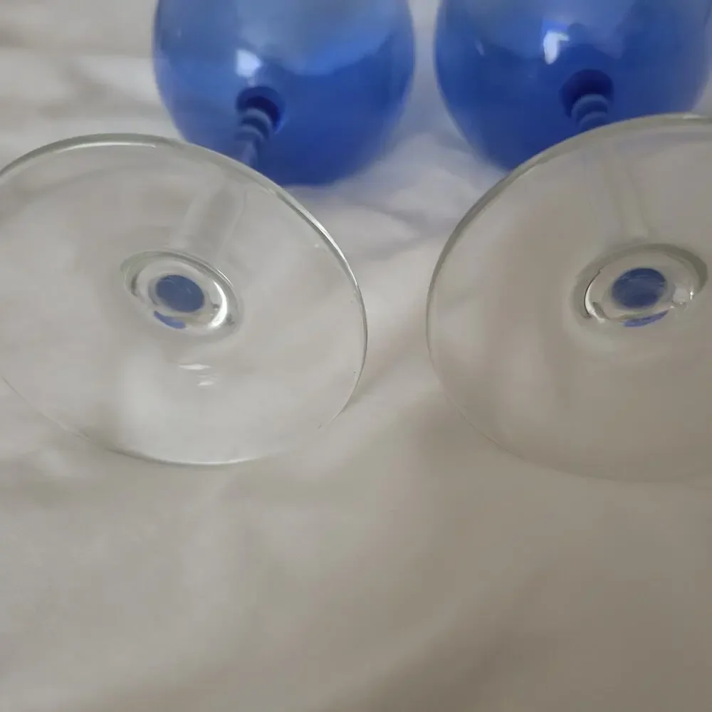 Set of Two Wine or Water Glasses Hand Blown 9 inches Tall Blue Tint